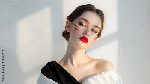 Beautiful young elegant girl in a white gown and a black dress with valans Portrait on white background Bright makeup  red lips arrows in front of eyes Fashionable attire gamur luxury  : Generative AI photo