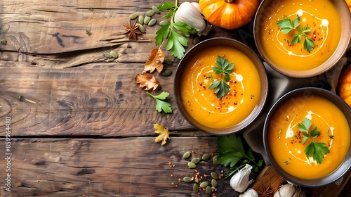 Two bowls of pumpkin soup for thanksgiving meal with ingredients on rustic wooden table