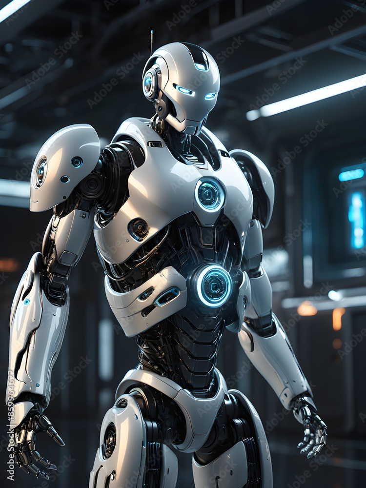 A 3D illustration of a futuristic robot, designed with sleek lines and advanced technology. The robot is shown in a dynamic pose, with glowing elements and a high-tech environment A 3D illustration of a futuristic robot, designed with sleek lines and advanced technology. The robot is shown in a dynamic pose, with glowing elements and a high-tech environment