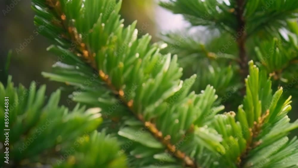 close-up view of pine needles, highlighting the bright green color and intricate details of their arrangement on the branches footage