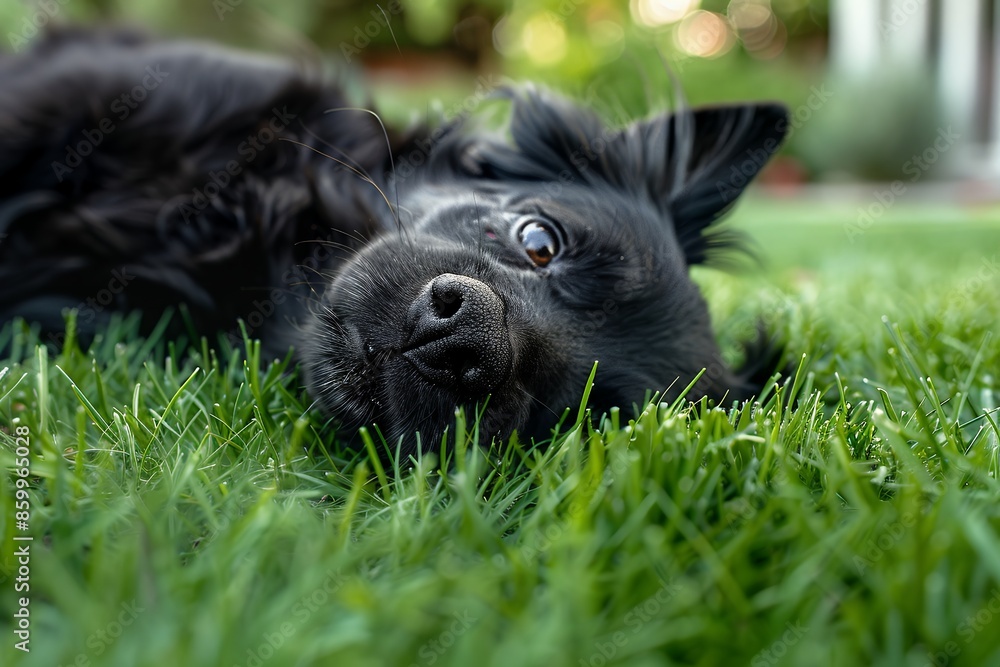 Close up of a black dog rolling on green grass, captured with a Canon EOS R5 camera and standard lens, with sharp focus on the subject's face and mouth while the background is blurred, showing the bac Close up of a black dog rolling on green grass, captured with a Canon EOS R5 camera and standard lens, with sharp focus on the subject's face and mouth while the background is blurred, showing the bac