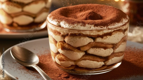 A cup of tiramisu. The dessert consists of alternating layers of soaked coffee and a creamy mascarpone mixture. photo