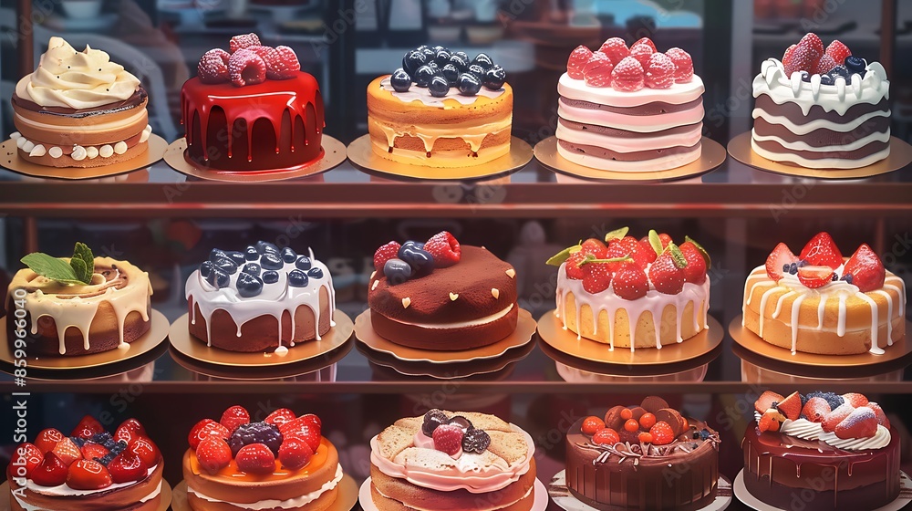 variety of sweet delicious cakes in the cafe window variety of sweet delicious cakes in the cafe window