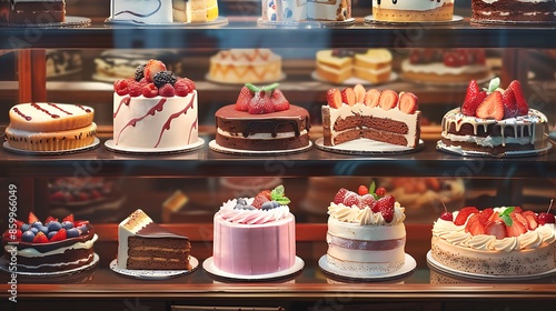variety of sweet delicious cakes in the cafe window