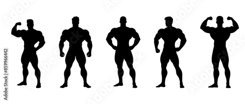 Male bodybuilder front view silhouette black filled Illustration icon. Man standing poses physical workout vector.