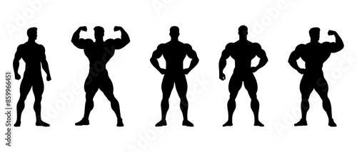 Male bodybuilder front view silhouette black filled Illustration icon. Man standing poses physical workout vector.