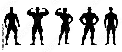 Male bodybuilder front view silhouette black filled Illustration icon. Man standing poses physical workout vector.
