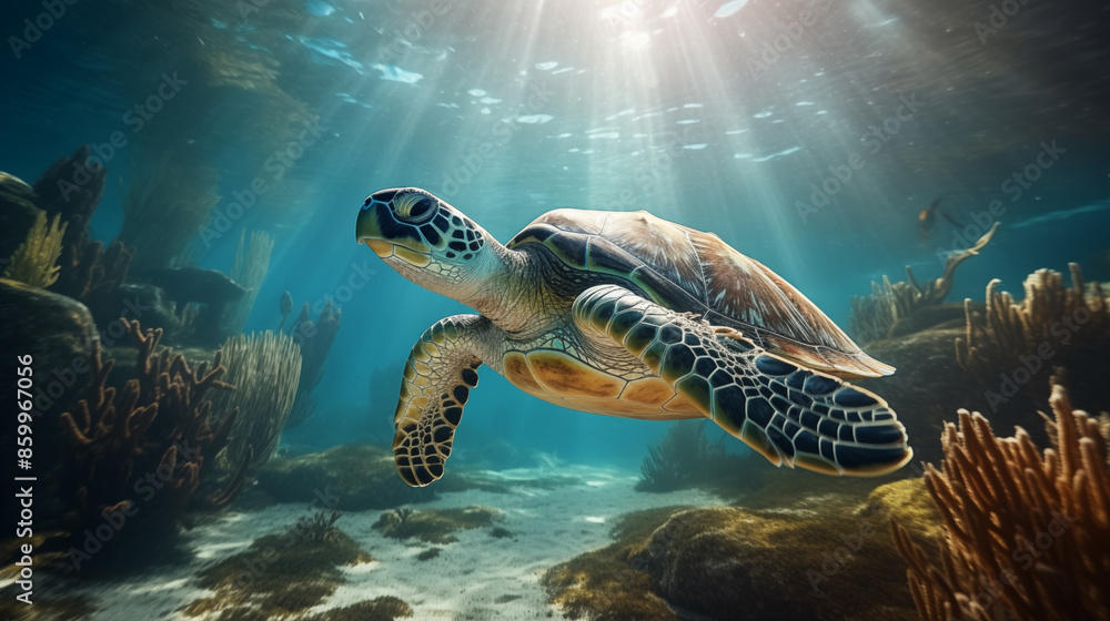 Fototapeta premium A sea turtle swimming near the ocean floor, with rays of sunlight piercing through the water.