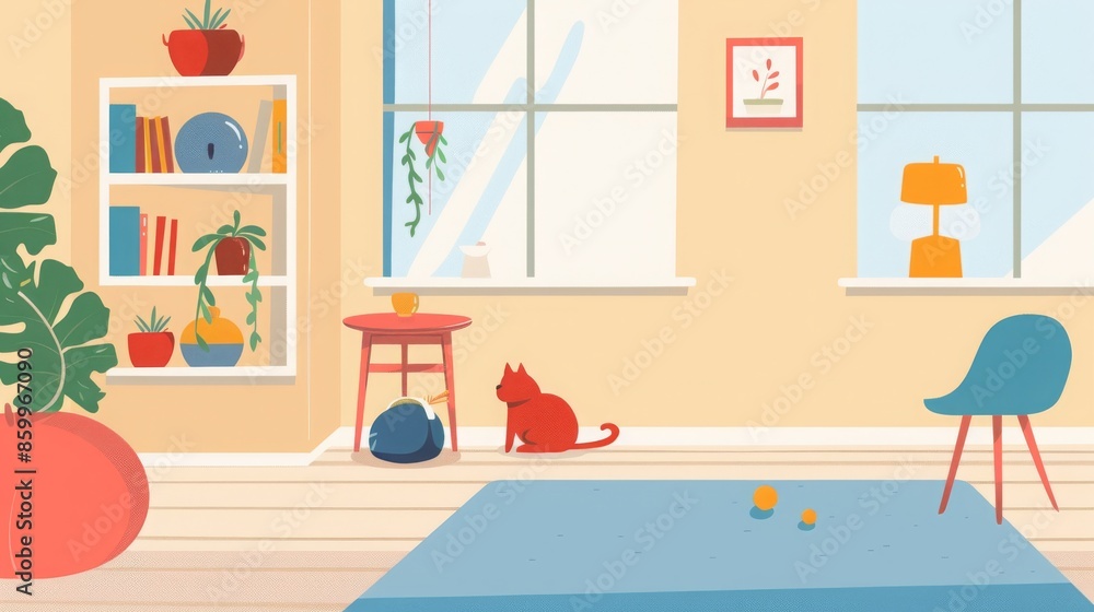 Cozy Living Room Interior with Cat and Plants. Cozy Living Room Interior with Cat and Plants.
