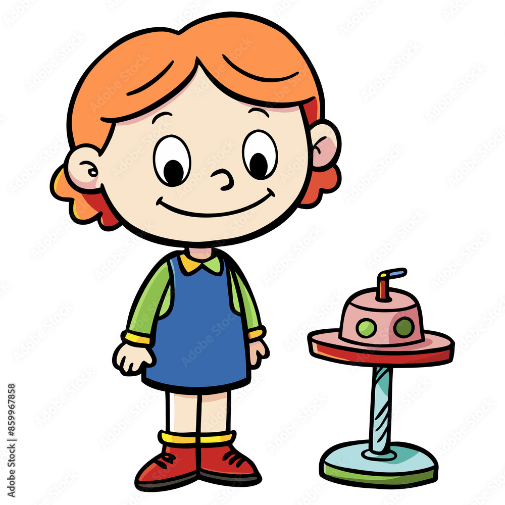Cartoon girl with red hair standing next to a colorful table with a playful toy. Cartoon girl with red hair standing next to a colorful table with a playful toy.