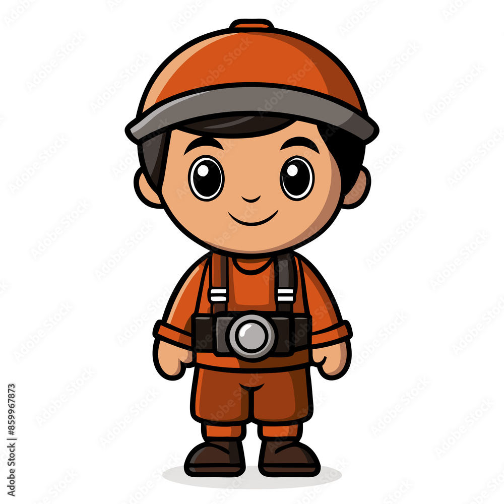 Cartoon explorer character with camera in orange outfit and helmet, standing and smiling. Ideal for adventure, kids, and playful illustrations. Cartoon explorer character with camera in orange outfit and helmet, standing and smiling. Ideal for adventure, kids, and playful illustrations.