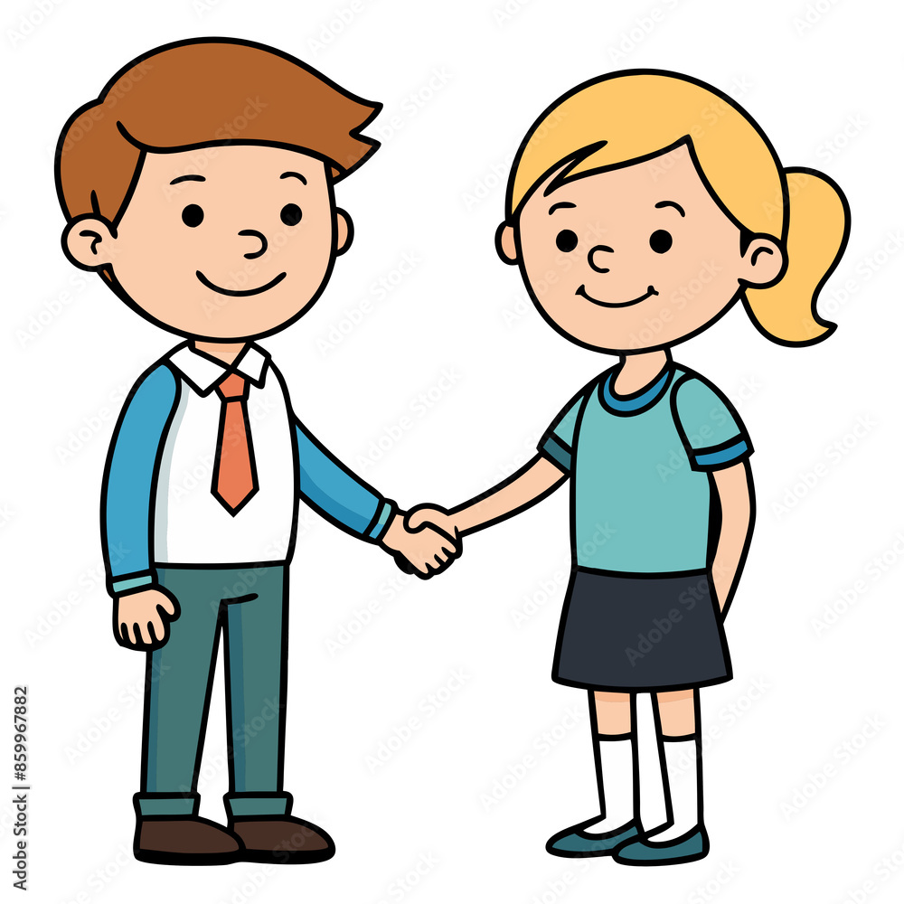 Cartoon illustration of a boy and girl shaking hands, representing friendship and collaboration, isolated on a white background. Cartoon illustration of a boy and girl shaking hands, representing friendship and collaboration, isolated on a white background.