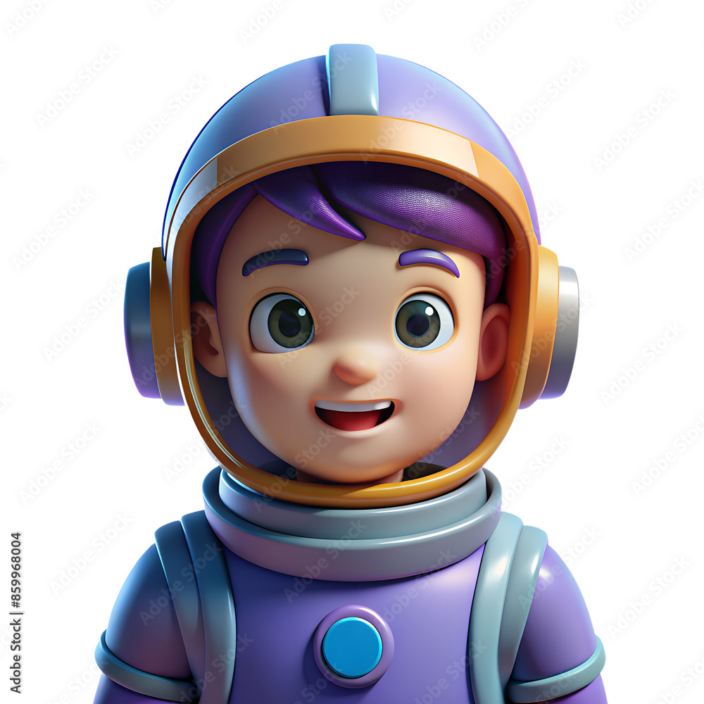 Cute animated child astronaut in a space suit with purple hair, ready for a space adventure. Bright and colorful character design. Cute animated child astronaut in a space suit with purple hair, ready for a space adventure. Bright and colorful character design.