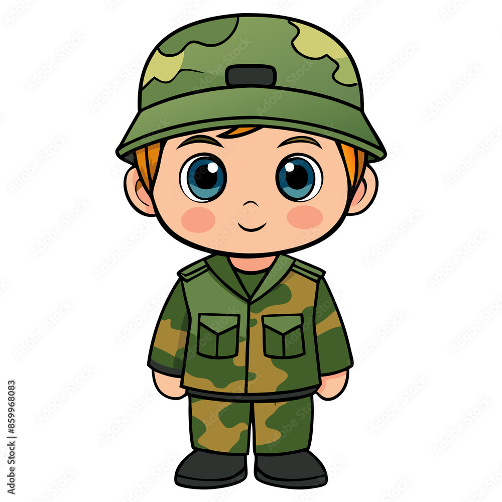 Cute cartoon boy in military uniform with helmet, smiling and standing, isolated on white background. Perfect for kids' designs. Cute cartoon boy in military uniform with helmet, smiling and standing, isolated on white background. Perfect for kids' designs.