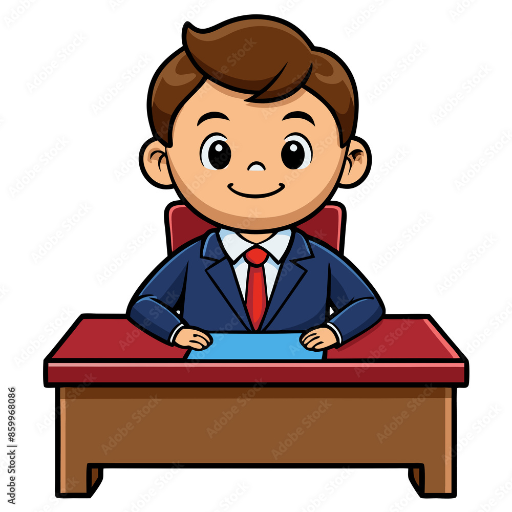 Cute cartoon businessman in a blue suit sitting at a desk, smiling and ready for work. Ideal for business or office-related illustrations. Cute cartoon businessman in a blue suit sitting at a desk, smiling and ready for work. Ideal for business or office-related illustrations.