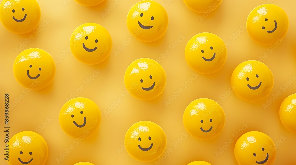 Fototapeta premium Yellow spheres textured with happy face emoji surrounded by other happy face emojis on yellow background