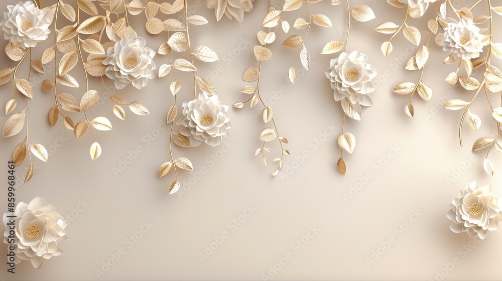 Fototapeta premium Elegant White Blossoms on Golden Vines. White flowers on the wall background and mural wallpaper. High quality AI generated image