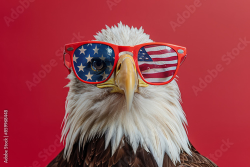 Portrait of a bald eagle wearing a American stars and stripes patriotic sunglasses. 4th July holiday