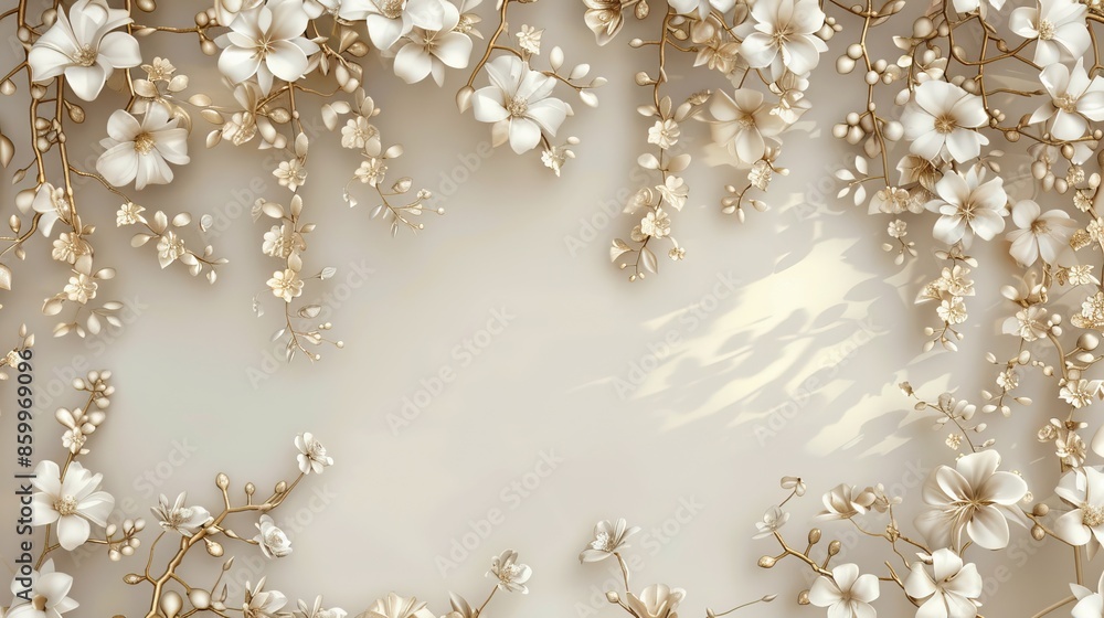 Elegant White Blossoms on Golden Vines. White flowers on the wall background and mural wallpaper. High quality AI generated image Elegant White Blossoms on Golden Vines. White flowers on the wall background and mural wallpaper. High quality AI generated image