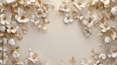 Elegant White Blossoms on Golden Vines. White flowers on the wall background and mural wallpaper. High quality AI generated image