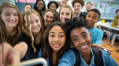 copy space, stockphoto, multiracial high school students taking a selfie in a classroom. Students with different ethnic background in school. Selfie portrait. Happy students together. Back to school t