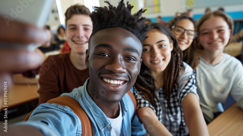 copy space, stockphoto, multiracial high school students taking a selfie in a classroom. Students with different ethnic background in school. Selfie portrait. Happy students together. Back to school t