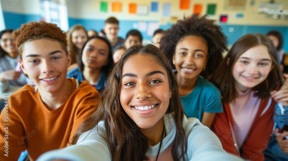 copy space, stockphoto, multiracial high school students taking a selfie in a classroom. Students with different ethnic background in school. Selfie portrait. Happy students together. Back to school t copy space, stockphoto, multiracial high school students taking a selfie in a classroom. Students with different ethnic background in school. Selfie portrait. Happy students together. Back to school t