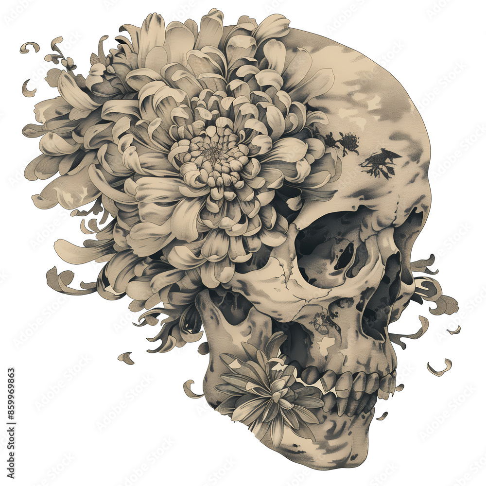 Floral Embrace of Mortality: A Monochromatic Skull and Blossoms Artwork, isolated. Floral Embrace of Mortality: A Monochromatic Skull and Blossoms Artwork, isolated.