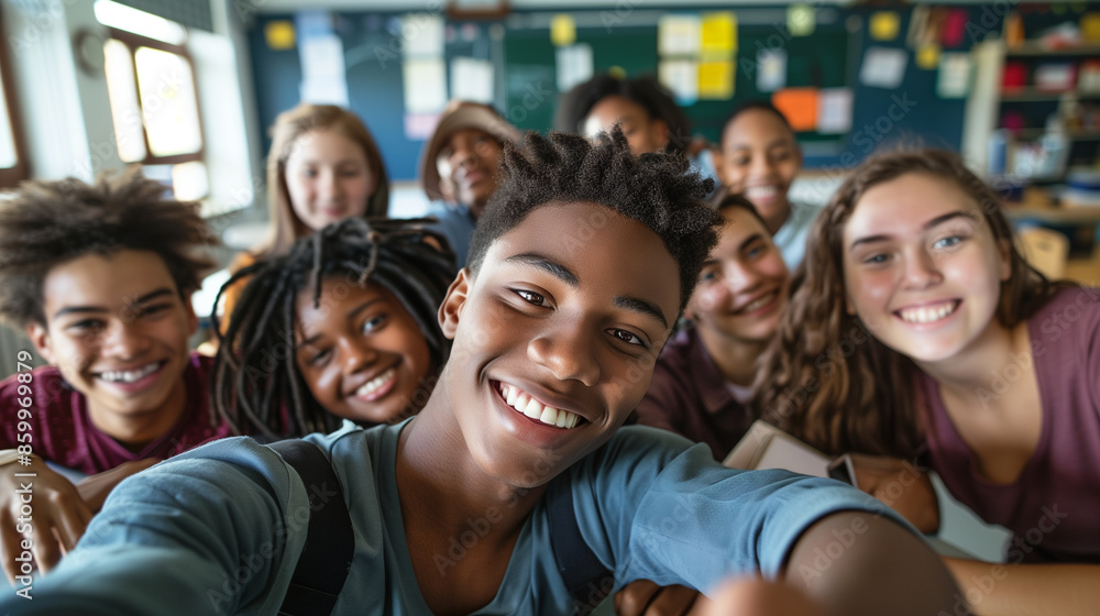 copy space, stockphoto, multiracial high school students taking a selfie in a classroom. Students with different ethnic background in school. Selfie portrait. Happy students together. Back to school t copy space, stockphoto, multiracial high school students taking a selfie in a classroom. Students with different ethnic background in school. Selfie portrait. Happy students together. Back to school t