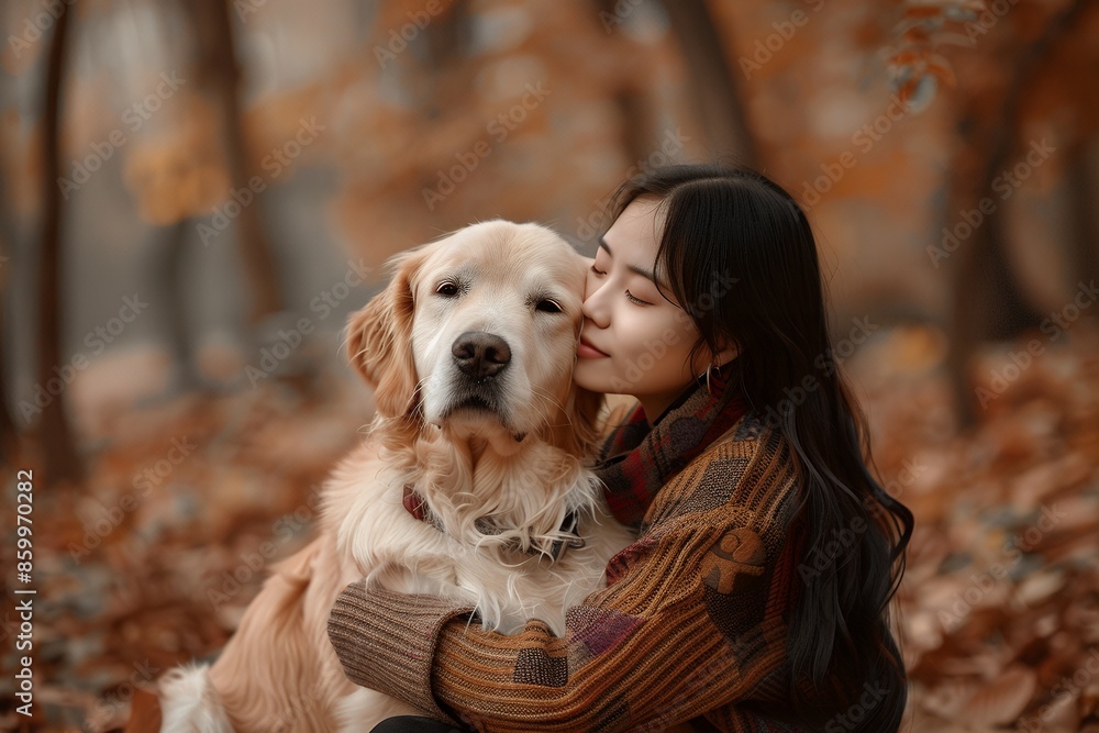 `Asian girl with dog in autumn forest, hugging and kissing her golden retriever sitting on her lap` `Asian girl with dog in autumn forest, hugging and kissing her golden retriever sitting on her lap`