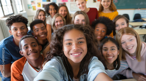 copy space, stockphoto, multiracial high school students taking a selfie in a classroom. Students with different ethnic background in school. Selfie portrait. Happy students together. Back to school t