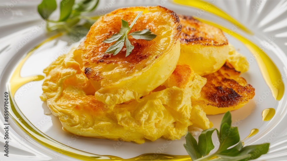 Delicious omelet. The eggs are cooked perfectly, with a golden crust and a delicate creamy filling. The dish is decorated with fresh herbs and drizzled with olive oil. Delicious omelet. The eggs are cooked perfectly, with a golden crust and a delicate creamy filling. The dish is decorated with fresh herbs and drizzled with olive oil.
