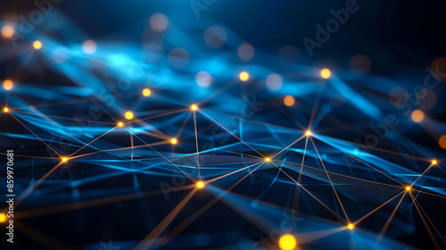 Abstract digital network connections visualizing data flow and technology with a futuristic blue and yellow theme.