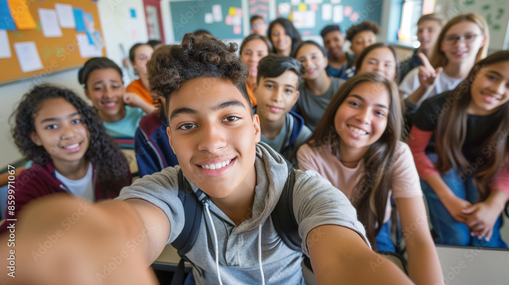 copy space, stockphoto, multiracial high school students taking a selfie in a classroom. Students with different ethnic background in school. Selfie portrait. Happy students together. Back to school t copy space, stockphoto, multiracial high school students taking a selfie in a classroom. Students with different ethnic background in school. Selfie portrait. Happy students together. Back to school t