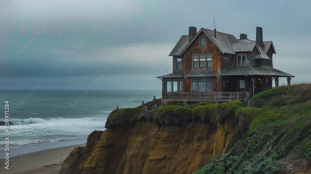 A house sits on top of a cliff overlooking the ocean. A house sits on top of a cliff overlooking the ocean.