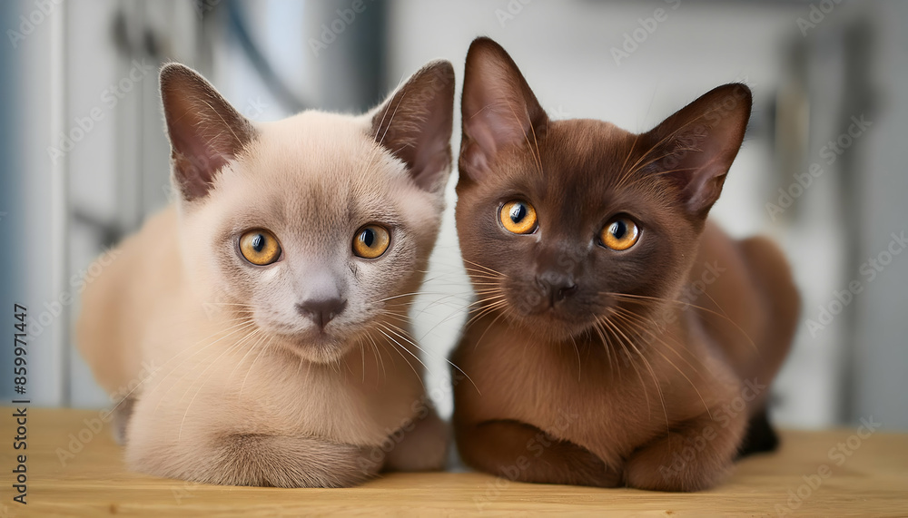 Two burmese kittens with golden brown eyes. One is chocolate and the other is cream Playful kittens with unique markings Photogenic kittens looking Kittens in a high-contrast studio portrait Two burmese kittens with golden brown eyes. One is chocolate and the other is cream Playful kittens with unique markings Photogenic kittens looking Kittens in a high-contrast studio portrait
