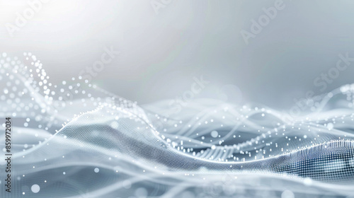 Abstract white and gray waving digital landscape with particles and lines, technology and futuristic background concept.