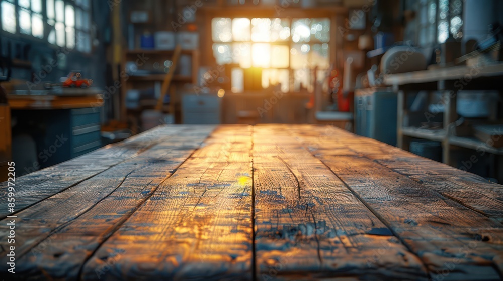 Rustic Wooden Tabletop in a Workshop Setting Rustic Wooden Tabletop in a Workshop Setting