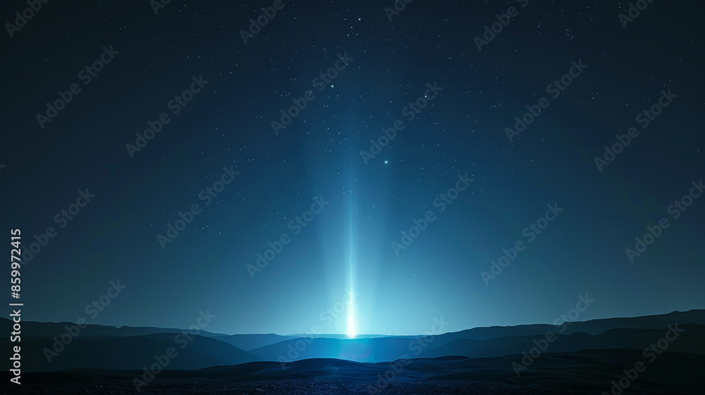 Naklejka premium A mesmerizing night sky with a bright beam of light illuminating the horizon, casting an ethereal glow over a serene landscape.