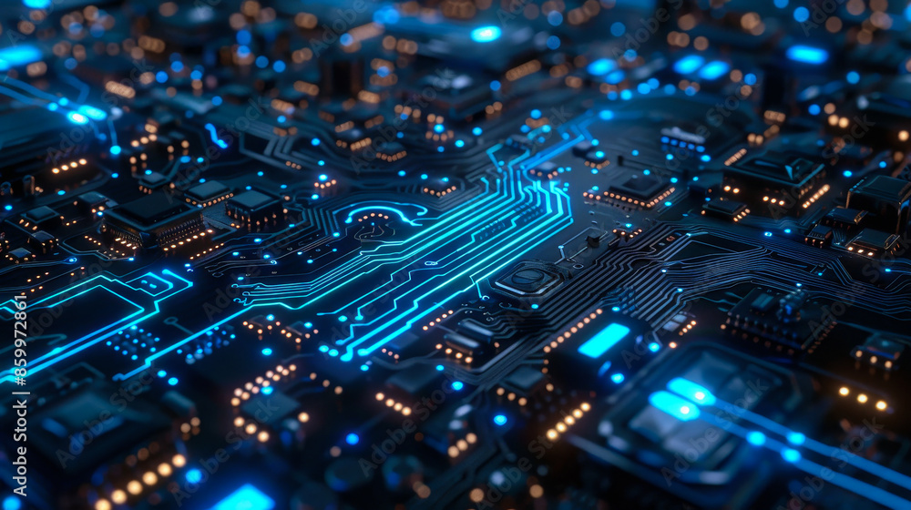 Close-up of a futuristic, glowing circuit board with blue lights, showcasing advanced technology and innovation in digital electronics. Close-up of a futuristic, glowing circuit board with blue lights, showcasing advanced technology and innovation in digital electronics.