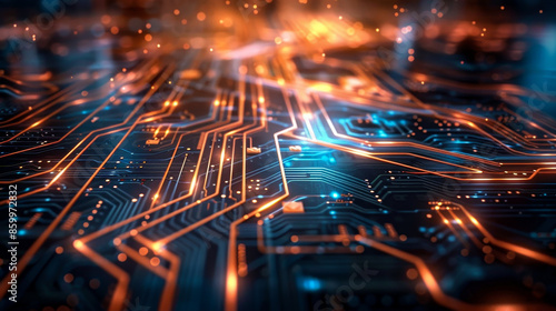 Close-up of a futuristic glowing circuit board with intricate patterns, representing advanced technology and innovation in electronics.