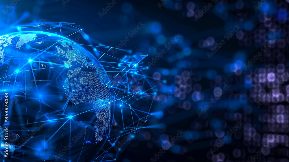 Digital globe with network connections on a blue background, representing global technology, communication, and data exchange. Digital globe with network connections on a blue background, representing global technology, communication, and data exchange.