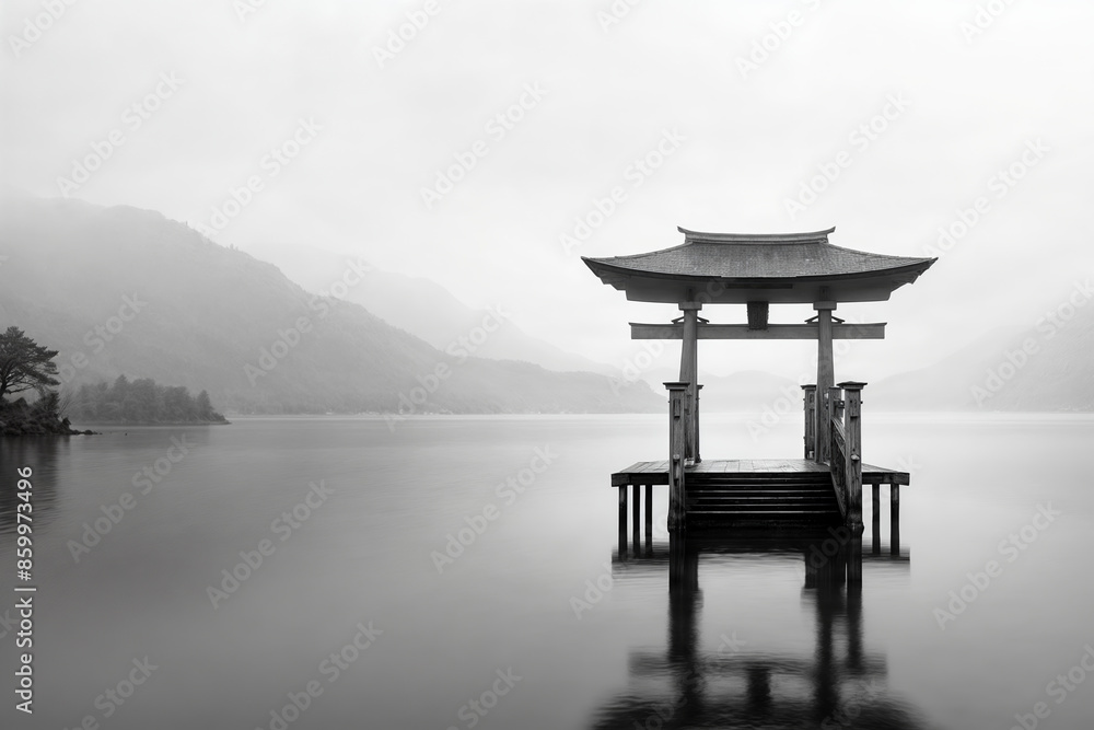 Minimalist Monochrome of Japanese Torii Gate over Misty Lake Reflecting Serenity and Tranquility in Peaceful Mountain Landscape Minimalist Monochrome of Japanese Torii Gate over Misty Lake Reflecting Serenity and Tranquility in Peaceful Mountain Landscape