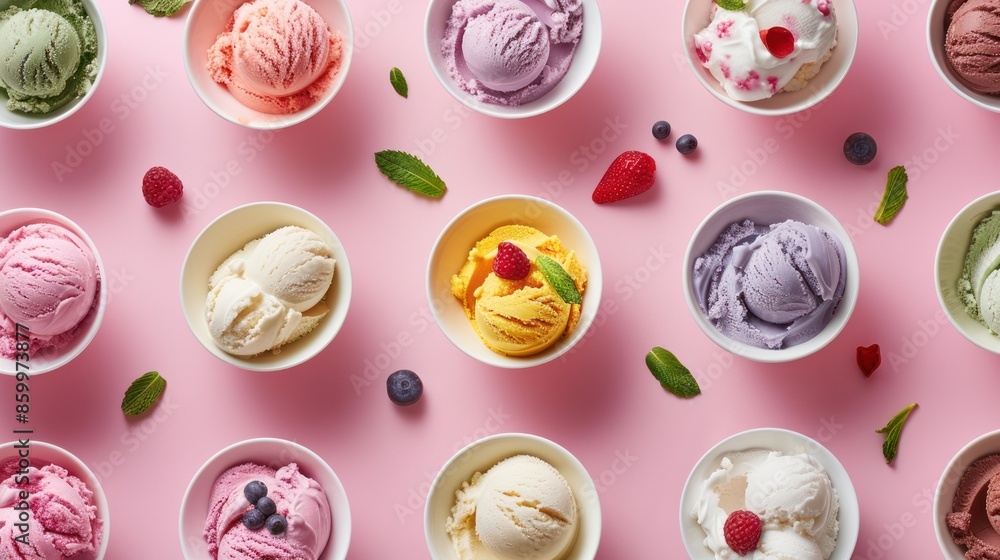 Colorful Ice Cream Scoops on Pink Background Colorful Ice Cream Scoops on Pink Background