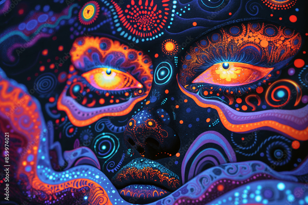 Vibrant Abstract Psychedelic Face with Glowing Eyes and Intricate Neon Patterns Reflecting Fantasy and Creativity in Energetic Artwork Vibrant Abstract Psychedelic Face with Glowing Eyes and Intricate Neon Patterns Reflecting Fantasy and Creativity in Energetic Artwork