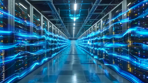 Futuristic data center with glowing blue lights, demonstrating digital technology and advanced server connectivity in a modern IT infrastructure.