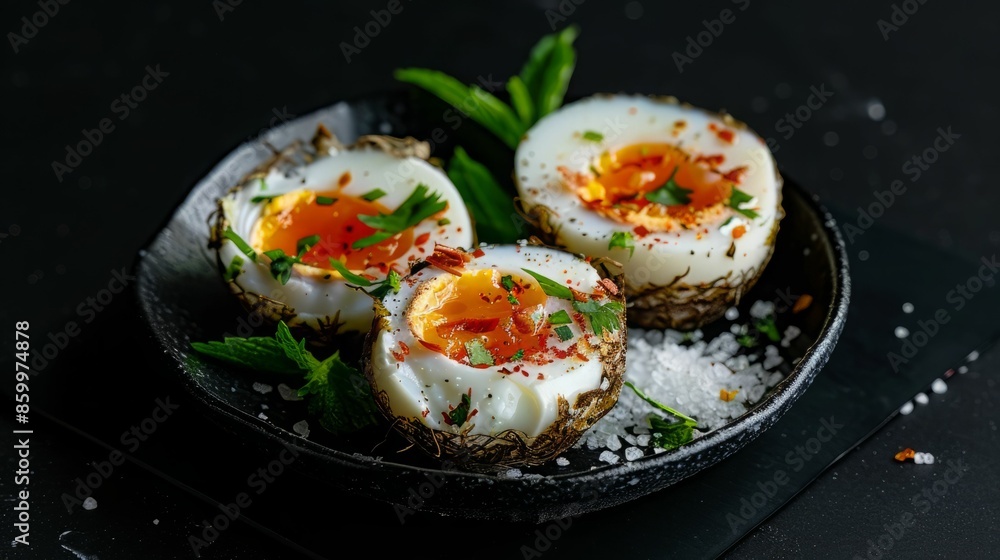Soft Boiled Eggs with Spices and Herbs on a Black Plate Soft Boiled Eggs with Spices and Herbs on a Black Plate