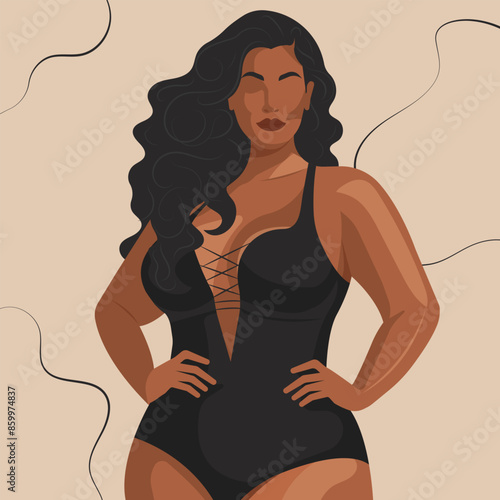Curvy African woman in a stylish swimsuit. Stylish modern fashion illustration, vector. 
