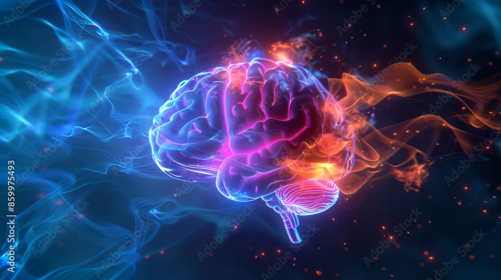 Vibrant illustration depicting an abstract brain with neon colors and glowing effects, symbolizing creativity and mental energy. Vibrant illustration depicting an abstract brain with neon colors and glowing effects, symbolizing creativity and mental energy.