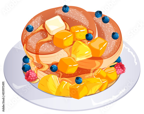 Fruits & Berries Pancakes Breakfast Plate: Mango Pineapple Blueberries Raspberries